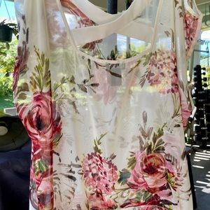 Sheer cold shoulder sleeveless floral blouse Criss cross back Rose print